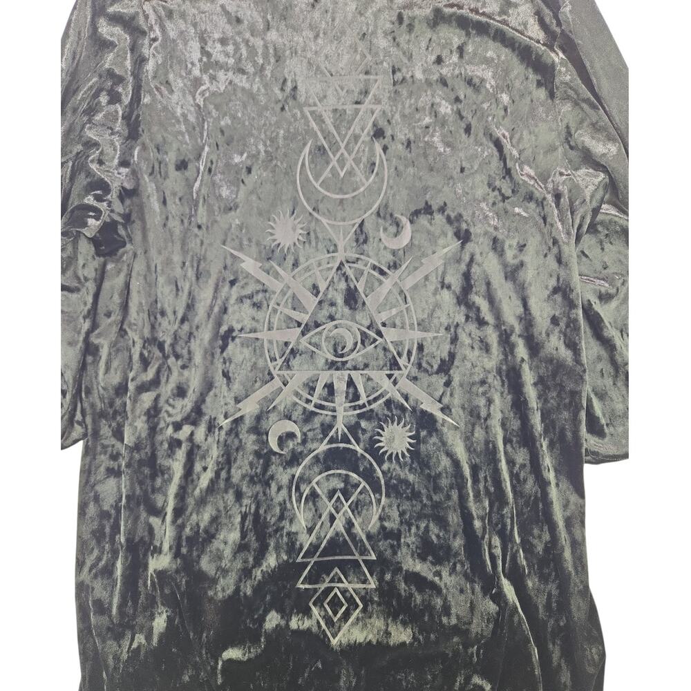 Black Velvet Kimono Shawl w/Fringe & Moon/Sun/3rd Eye Graphics on Back | Size OS - Picture 3 of 3